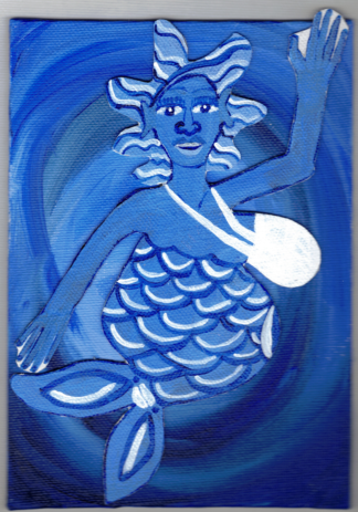 Mermaid Mami Collage , Acrylic on Canvas, Small Work, 5x7 inches, Mermaid backed with Denim, adhered to Canvas Board