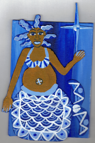 Mermaid Mami Collage 2, Acrylic on Canvas, Small Work, 5x7 inches, Mermaid backed with Denim, adhered to Canvas Board